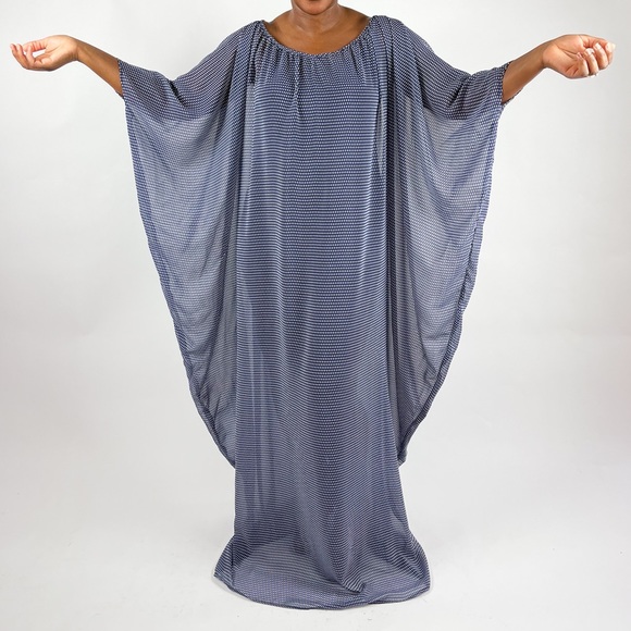 Blue and White Polkadot Chiffon Sheer Handmade Kaftan Maxi Dress - Picture 2 of 5